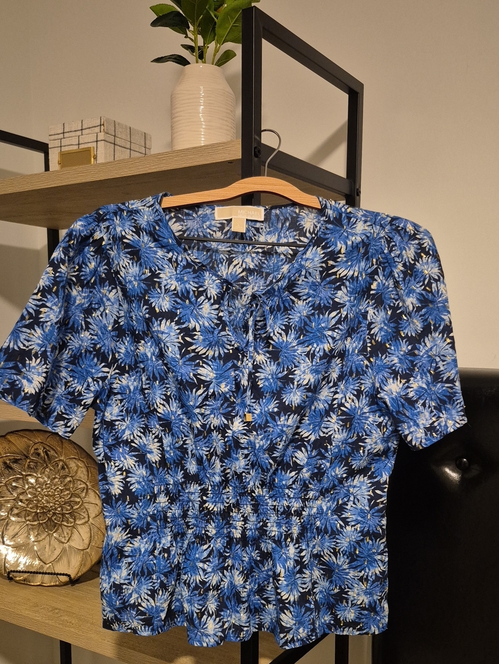 Michael Kors Blue Floral Smocked Short Sleeve Top